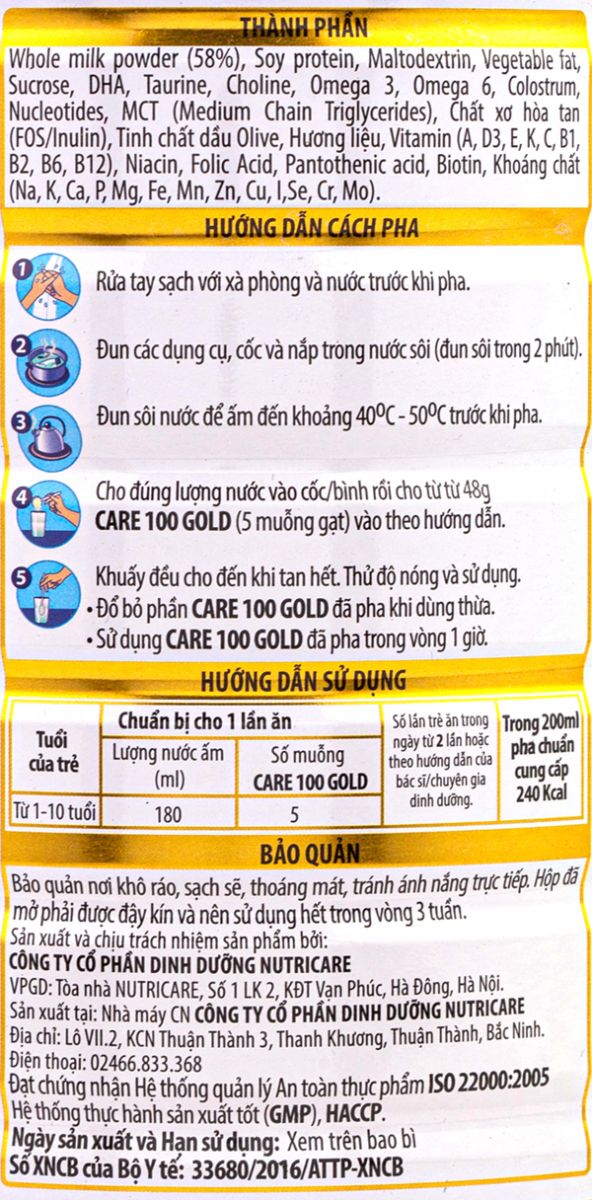 Hướng dẫn cách pha sữa care 100 gold