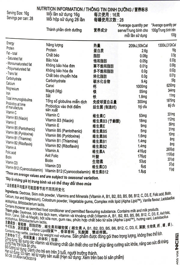 Thành phần dinh dưỡng sữa non alpha lipid lifeline 