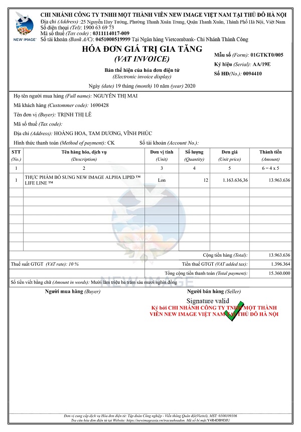 hóa đơn vat của lô sữa