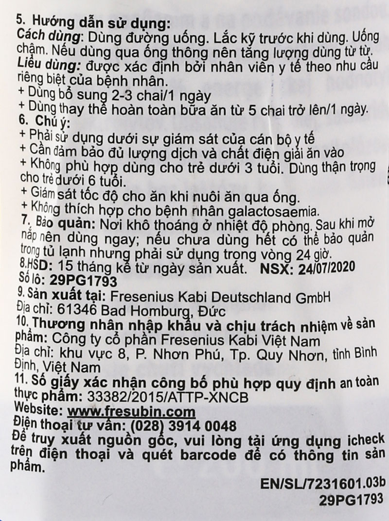 Nhãn phụ nguồn gốc xuất xứ sữa fresubin renal